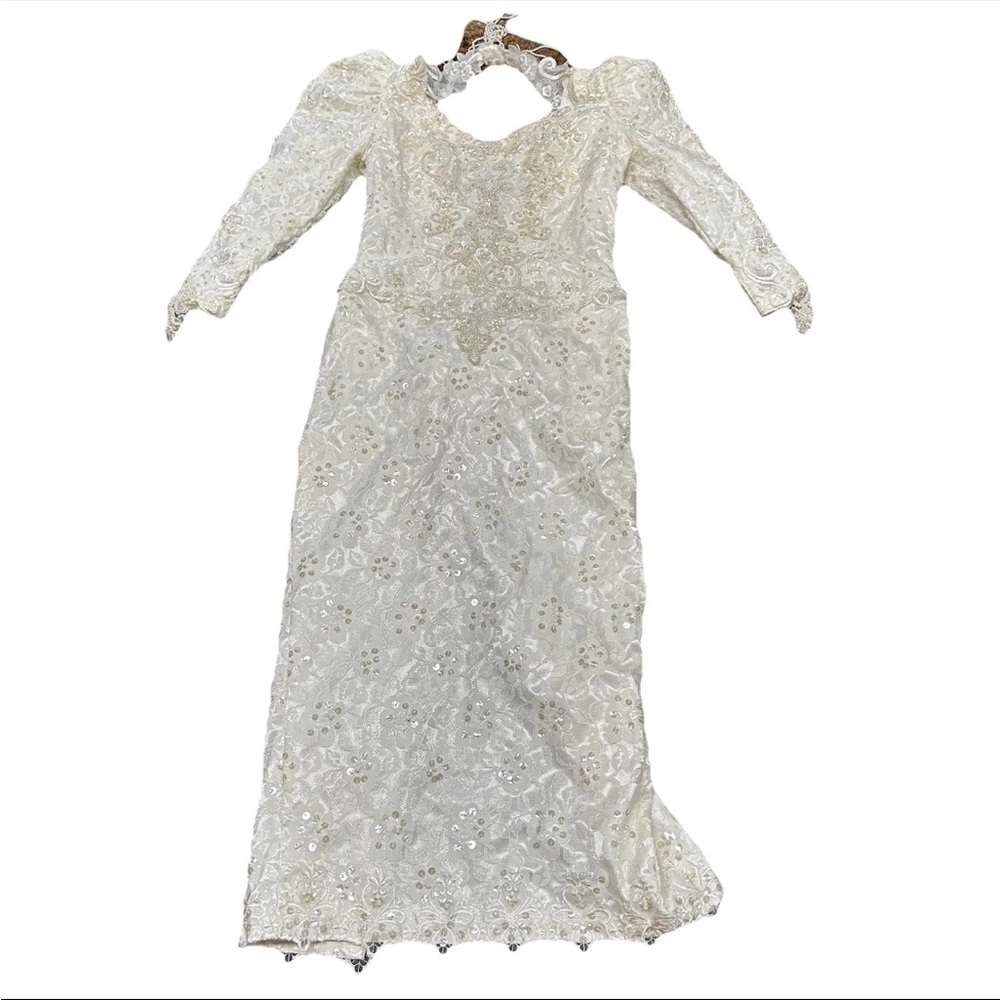 Vintage Bridal Original Size 14 Wedding Dress Sleeves Sequins Floral Lace #4033